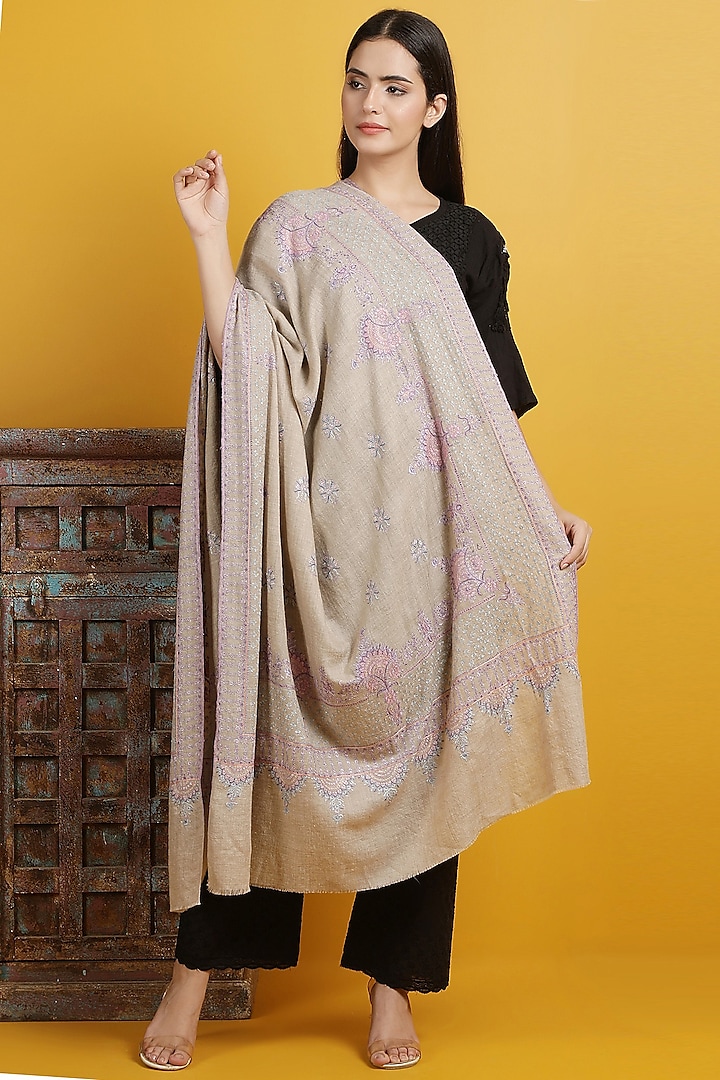 Light Beige Pashmina Handwoven Shawl by Dusala