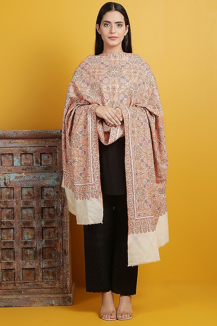 Light Beige Embroidered Handwoven Shawl by DUSALA  ACCESSORIES at Pernia's Pop Up Shop