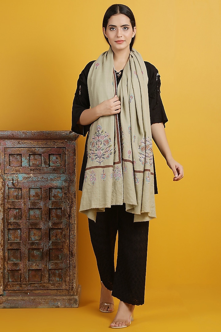 Dull Olive Pashmina Handwoven Shawl by DUSALA  ACCESSORIES