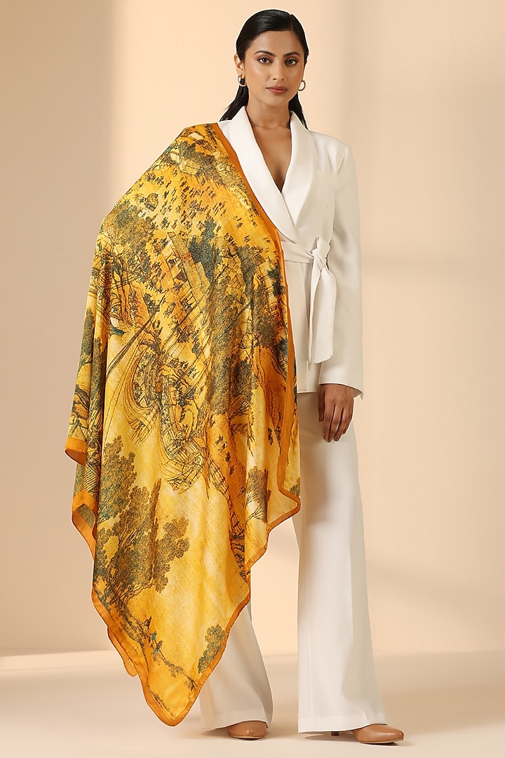 Mustard Silk Floral Scarf by DUSALA  ACCESSORIES at Pernia's Pop Up Shop