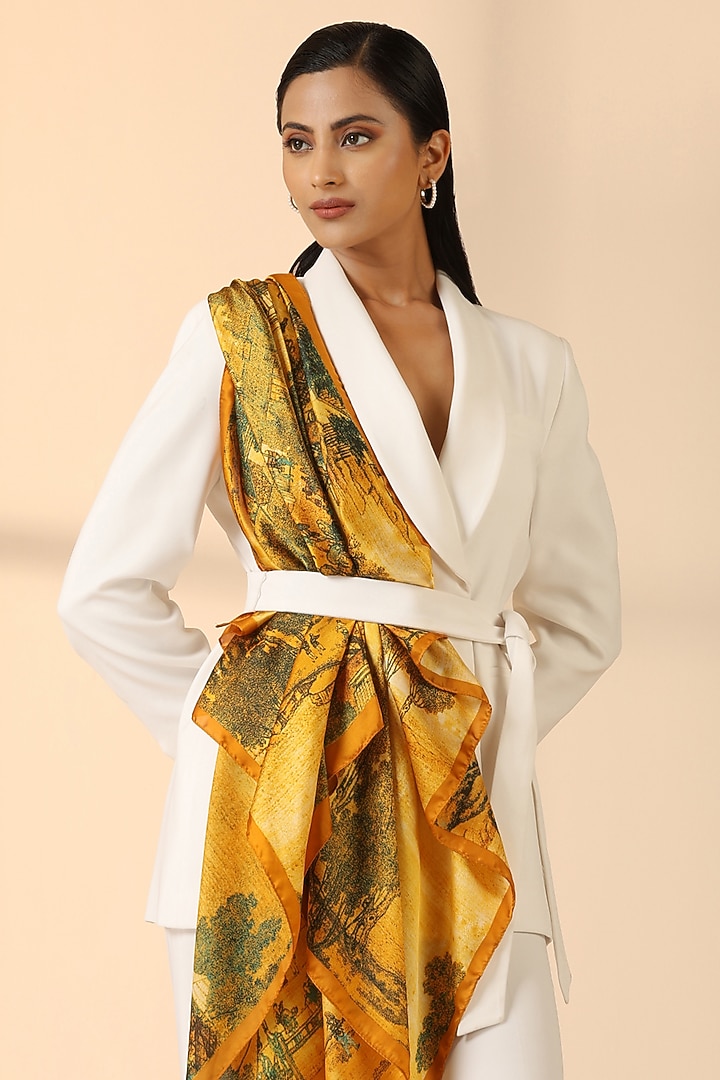 Mustard Silk Floral Scarf by DUSALA  ACCESSORIES at Pernia's Pop Up Shop