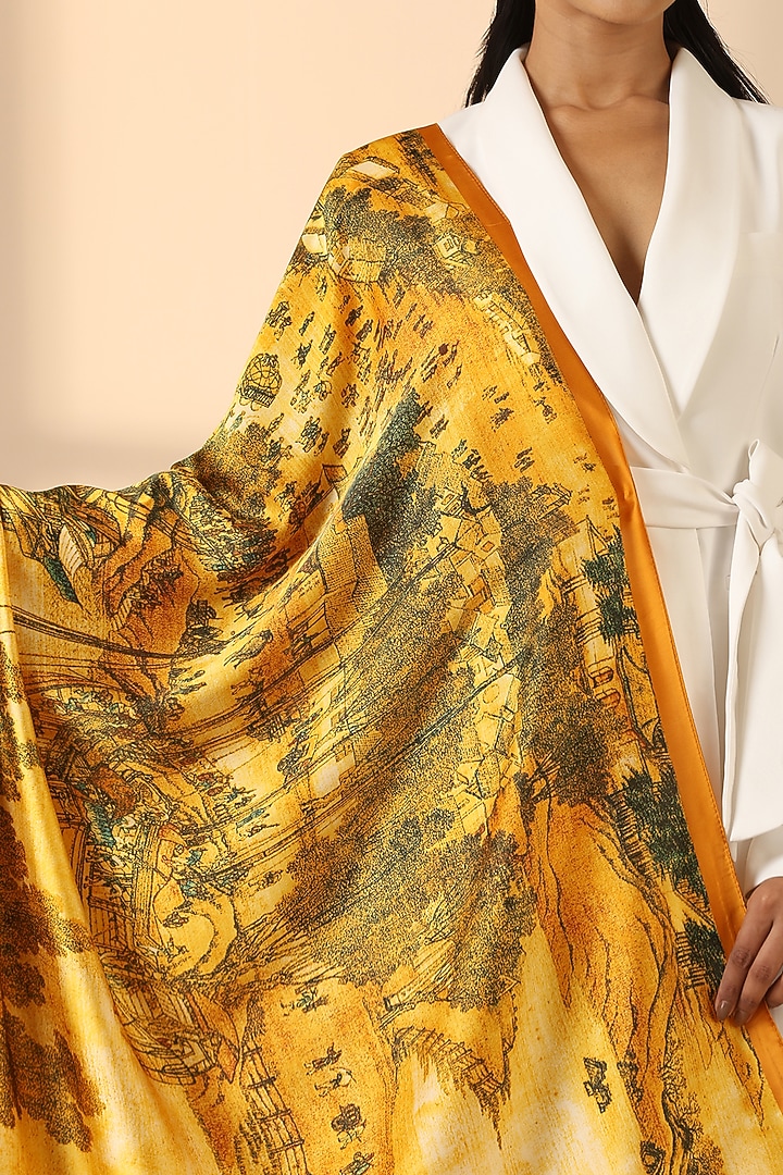 Mustard Silk Floral Scarf by DUSALA ACCESSORIES at Pernia's Pop Up Shop