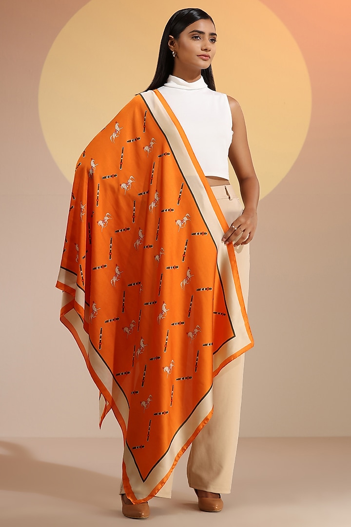 Orange Silk Horse Printed Scarf by DUSALA  ACCESSORIES
