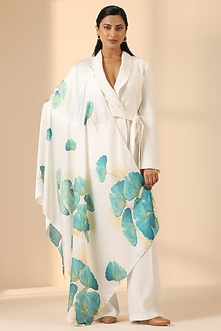 Blue & White Silk Floral Printed Scarf by DUSALA  ACCESSORIES