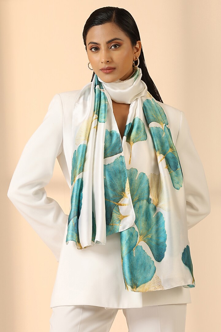 Blue & White Silk Floral Printed Scarf by DUSALA  ACCESSORIES at Pernia's Pop Up Shop