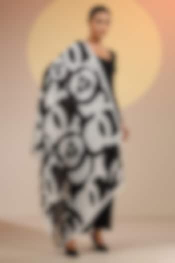 Black & White Cotton Linen Floral Printed Scarf by DUSALA  ACCESSORIES