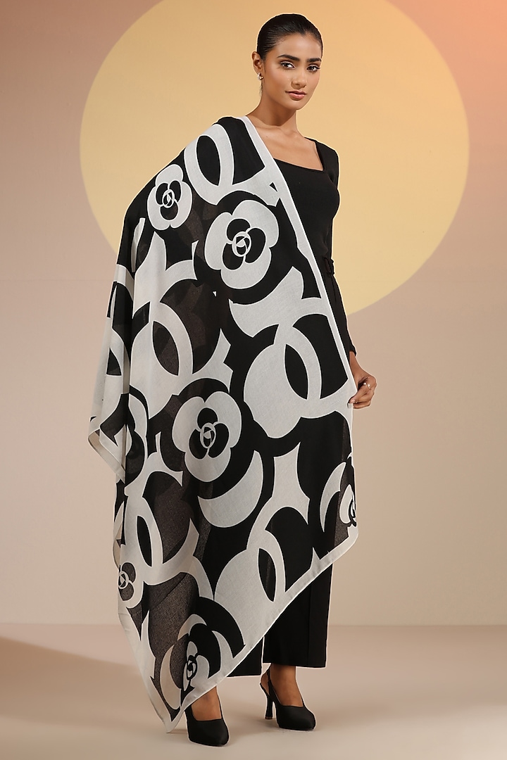 Black & White Cotton Linen Floral Printed Scarf by DUSALA  ACCESSORIES at Pernia's Pop Up Shop