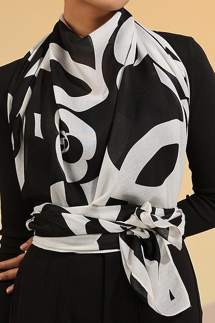 Black & White Cotton Linen Floral Printed Scarf by DUSALA  ACCESSORIES at Pernia's Pop Up Shop