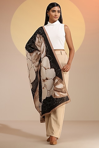Multi-Colored Cotton Linen Floral Printed Scarf by DUSALA  ACCESSORIES