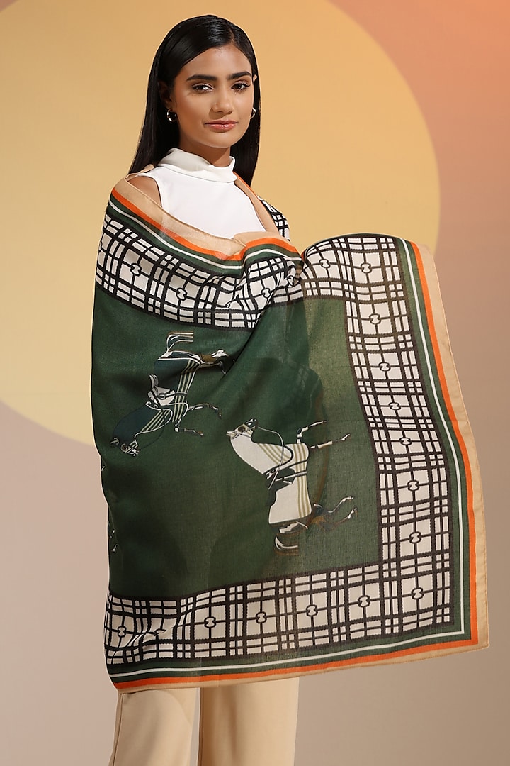 Green Cotton Linen Horse Printed Scarf by DUSALA ACCESSORIES at