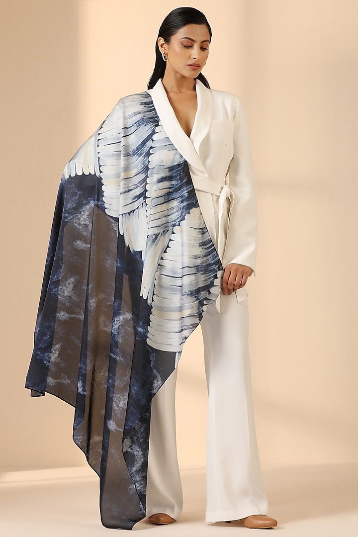 Blue & White Mulberry Silk Square Scarf by DUSALA  ACCESSORIES