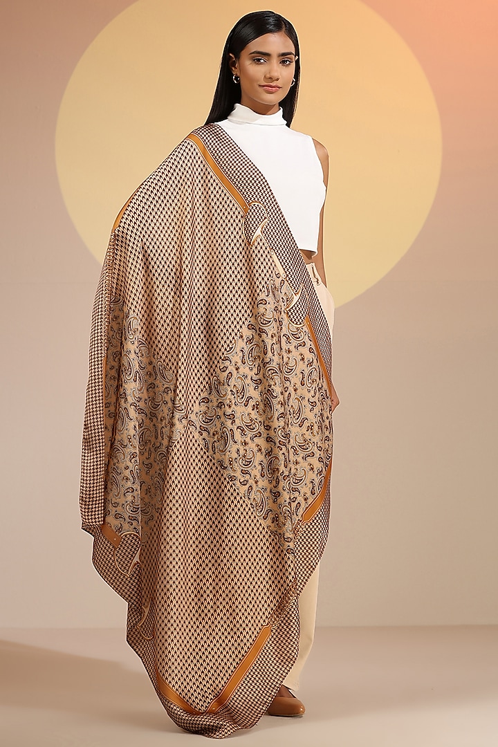 Beige & Brown Mulberry Silk Oversized Square Scarf by DUSALA  ACCESSORIES at Pernia's Pop Up Shop