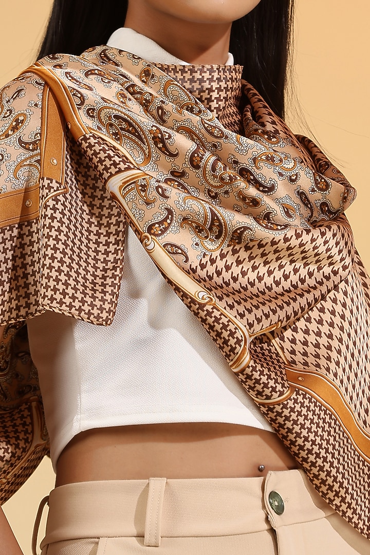 Beige & Brown Mulberry Silk Oversized Square Scarf by DUSALA  ACCESSORIES at Pernia's Pop Up Shop