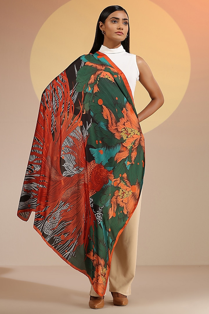 Multi-Colored Mulberry Silk Fish Printed Square Scarf by DUSALA  ACCESSORIES at Pernia's Pop Up Shop