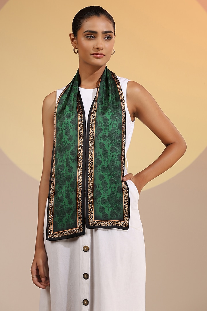 Green Mulberry Silk Layered Neck Scarf by DUSALA  ACCESSORIES