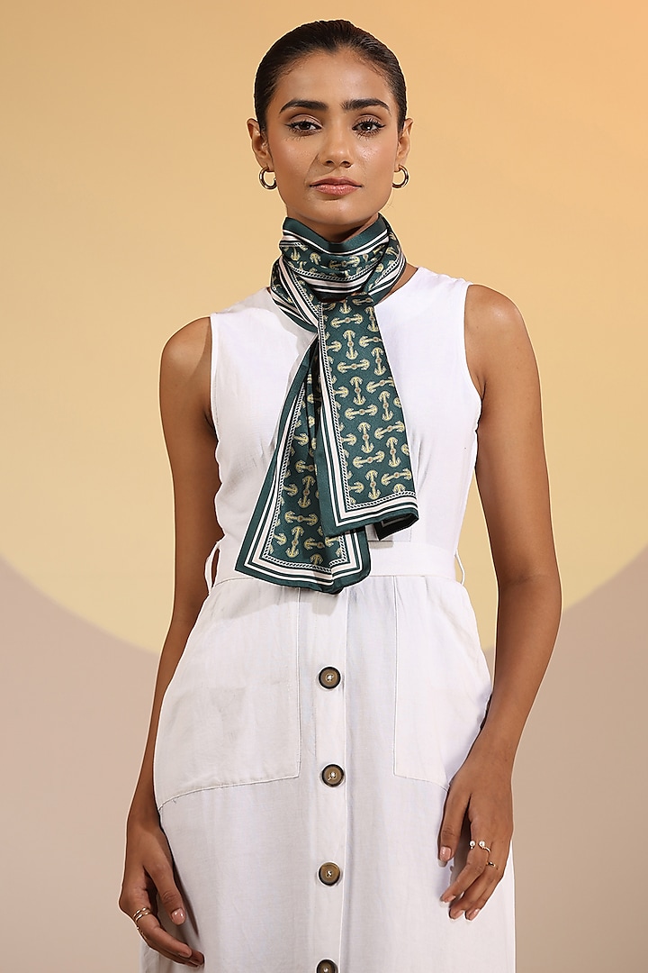 Green Mulberry Silk Layered Neck Scarf by DUSALA  ACCESSORIES