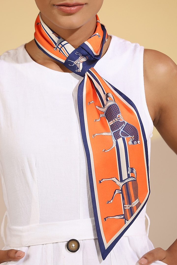 Orange Mulberry Silk Horse Printed Layered Neck Scarf by DUSALA  ACCESSORIES at Pernia's Pop Up Shop