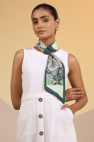 Green Mulberry Silk Printed Layered Neck Scarf by DUSALA  ACCESSORIES