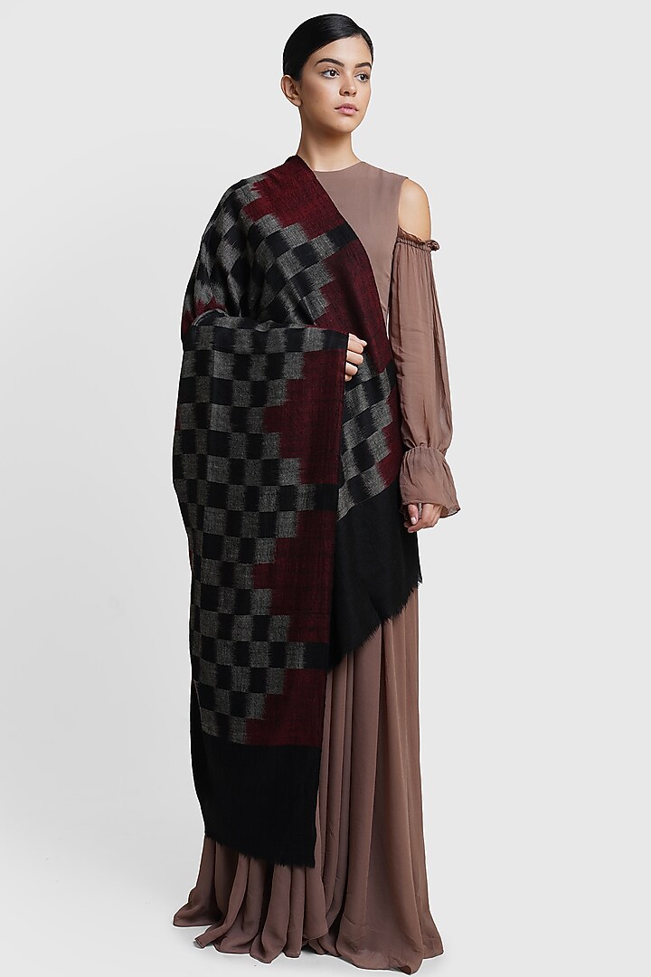 Black, Grey & Maroon Checkered Shawl by DUSALA  ACCESSORIES at Pernia's Pop Up Shop