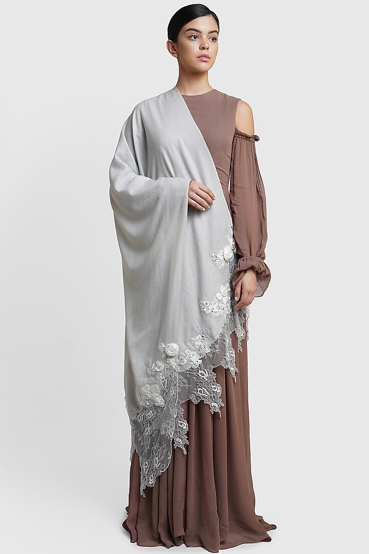 Grey Stole With Lace Detailing by Dusala