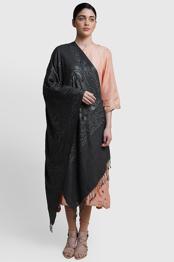 Black & Grey Embroidered Stole by Dusala