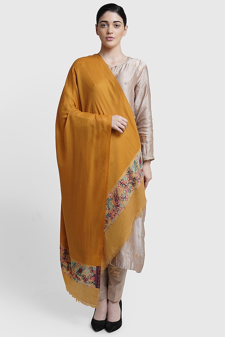 Mustard Stole With Woven Border by DUSALA  ACCESSORIES