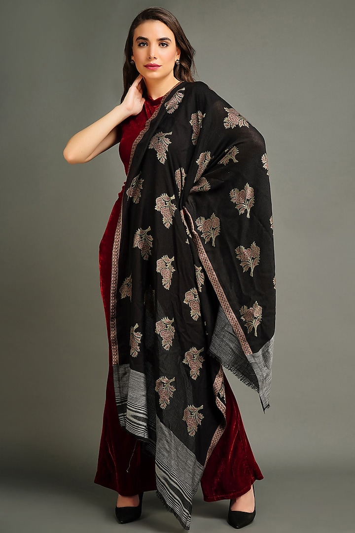 Black Floral Stole by DUSALA  ACCESSORIES