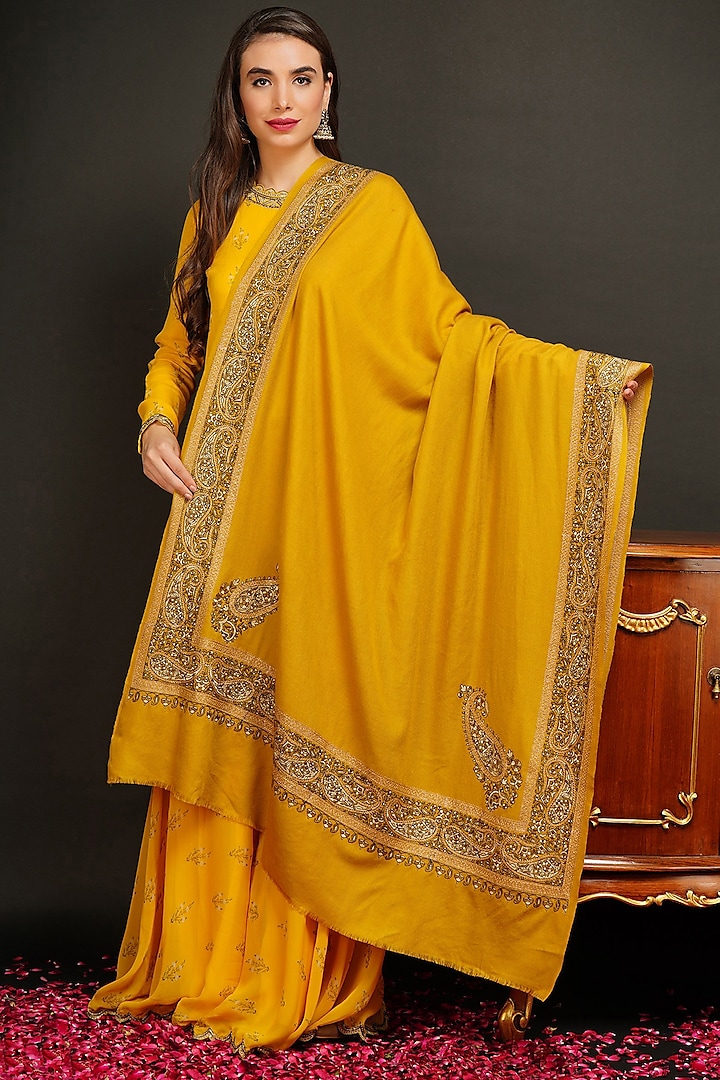 Yellow Antique Jamawar Shawl by DUSALA  ACCESSORIES