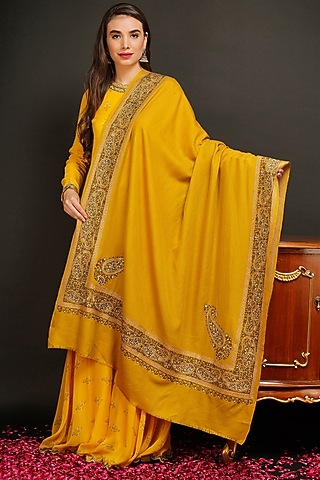 Yellow Antique Jamawar Shawl by DUSALA  ACCESSORIES