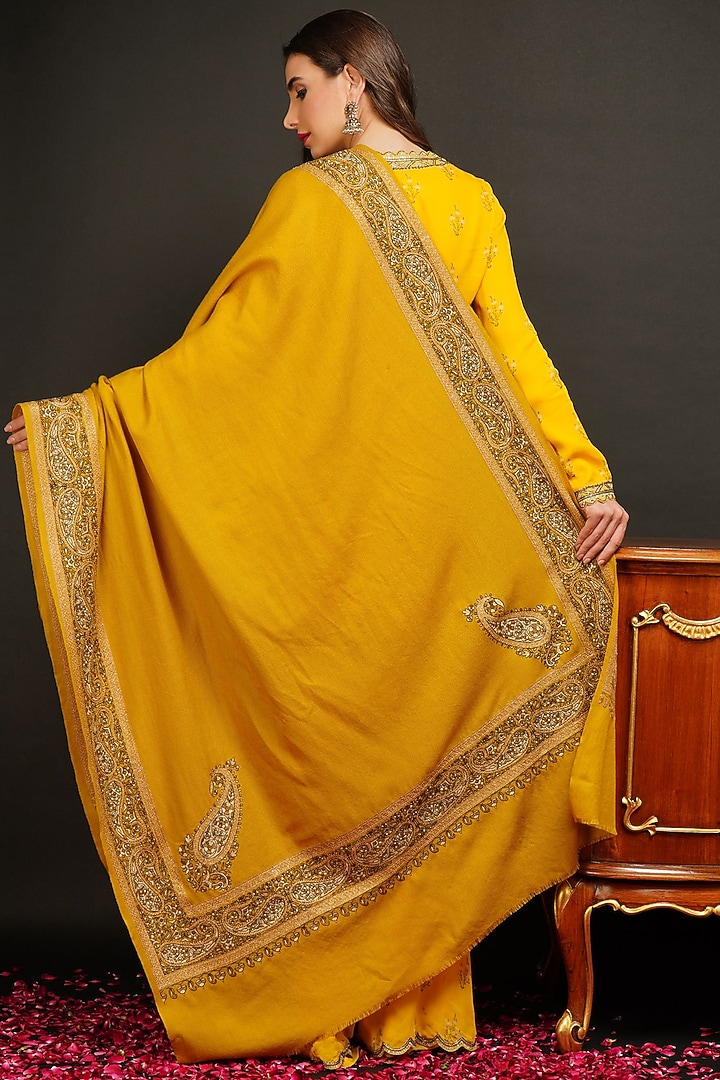 Yellow Antique Jamawar Shawl by DUSALA ACCESSORIES at Pernia's Pop Up Shop
