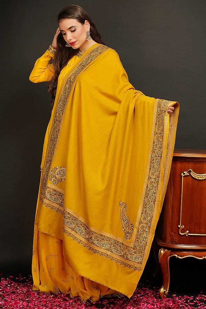 Yellow Antique Jamawar Shawl by DUSALA ACCESSORIES at Pernia's Pop Up Shop