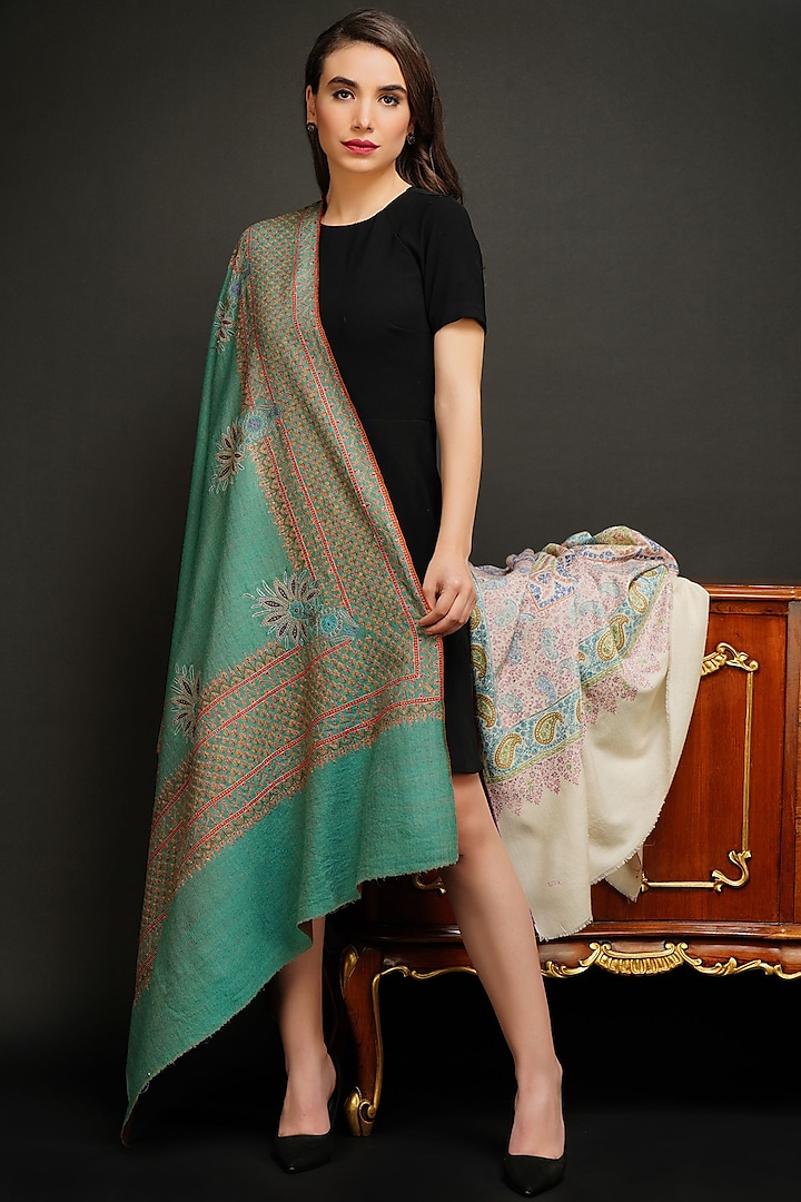 Green Hand Embroidered Shawl by DUSALA  ACCESSORIES