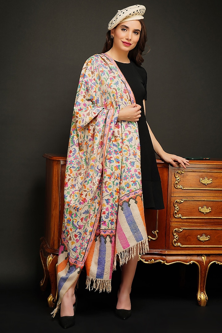 White Hand Embroidered Shawl by DUSALA  ACCESSORIES