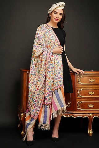 White Hand Embroidered Shawl by DUSALA  ACCESSORIES