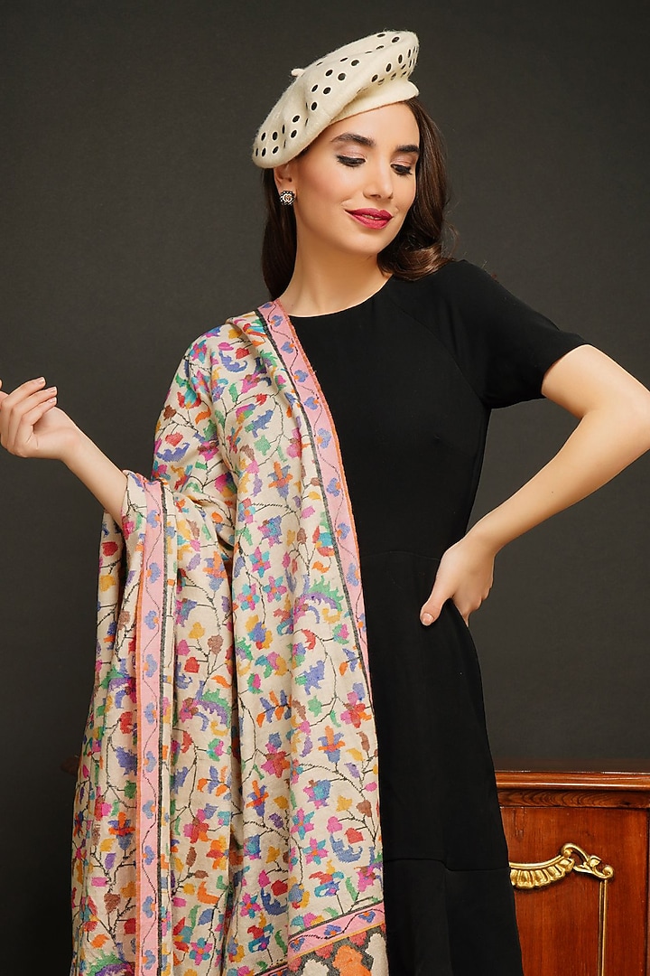White Hand Embroidered Shawl by DUSALA ACCESSORIES at Pernia's Pop Up Shop