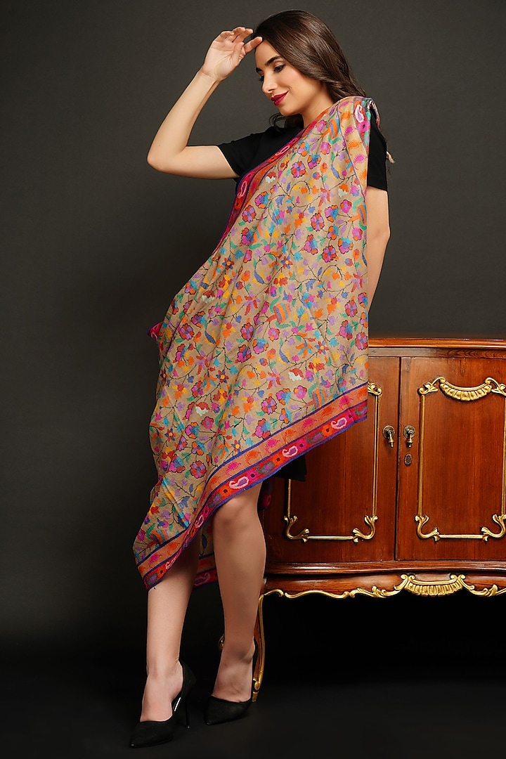 Multi-Colored Hand Embroidered Shawl by DUSALA  ACCESSORIES
