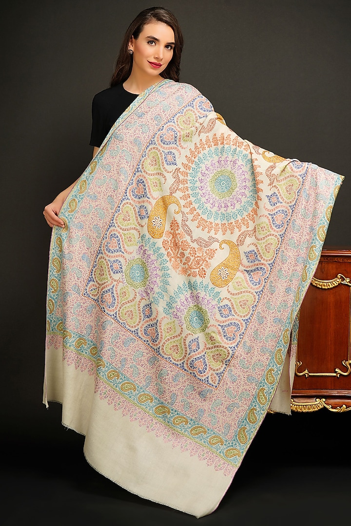 White Hand Embroidered Shawl by Dusala
