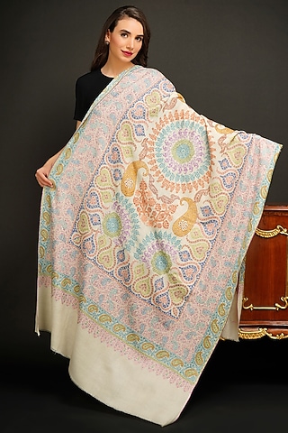White Hand Embroidered Shawl by DUSALA  ACCESSORIES