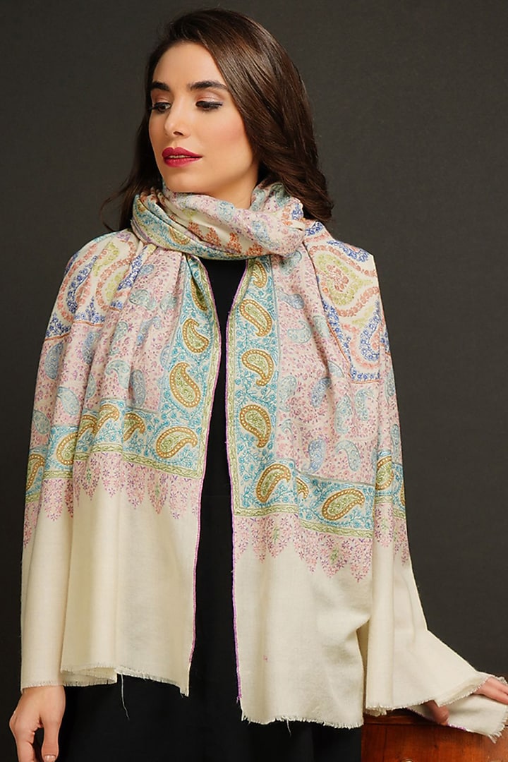 White Hand Embroidered Shawl by DUSALA  ACCESSORIES at Pernia's Pop Up Shop