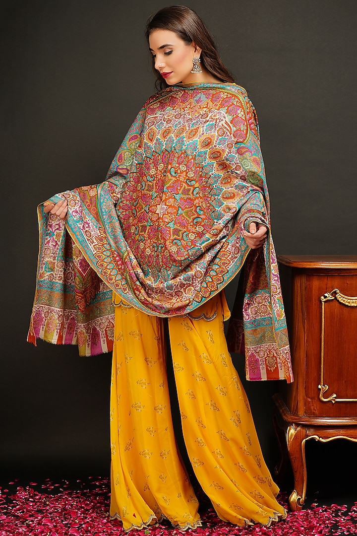 Multi-Colored Pashmina Kalamkari Shawl by Dusala