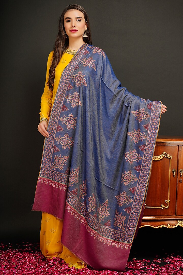Blue & Pink Hand Embroidered Shawl by Dusala