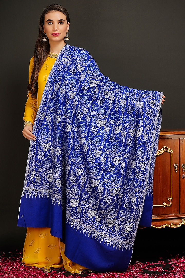 Blue Hand Embroidered Shawl by Dusala