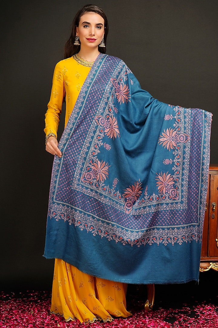 Blue Handwoven Embroidered Shawl by Dusala
