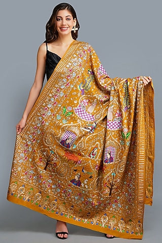 Mustard Handwoven Kalamkari Shawl by DUSALA  ACCESSORIES
