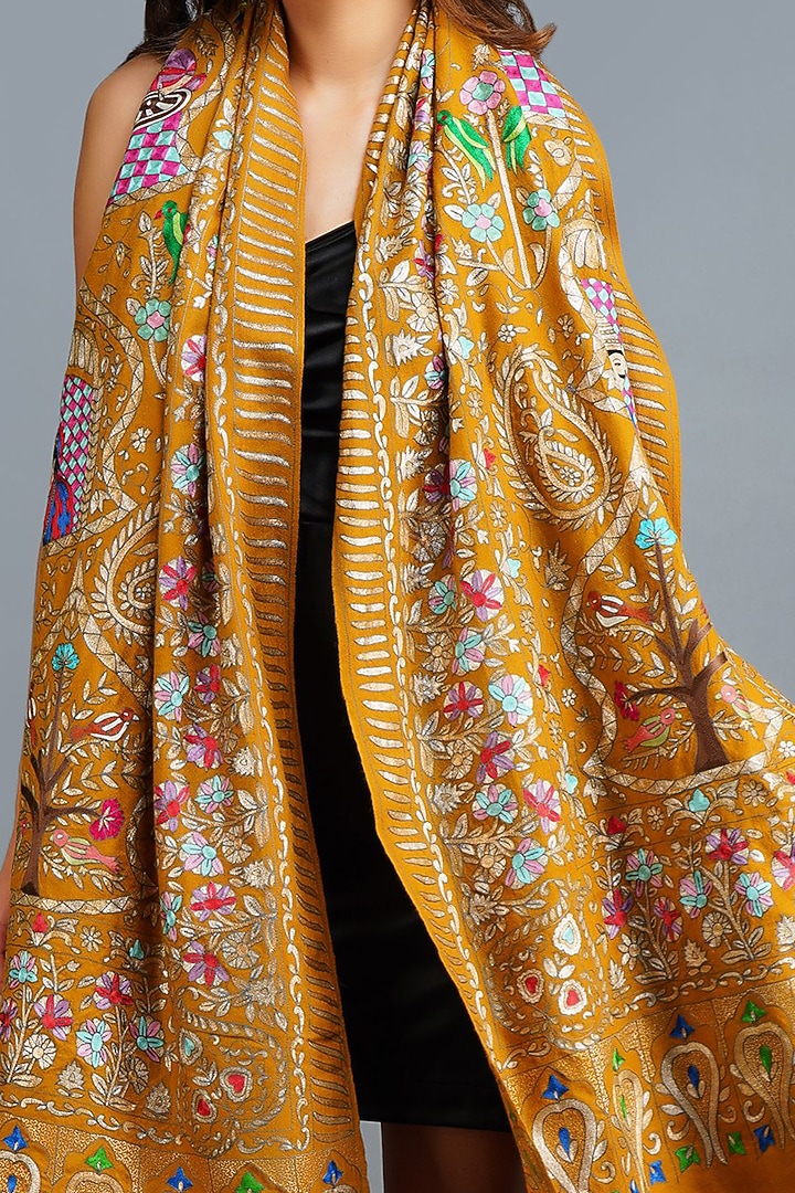 Mustard Handwoven Kalamkari Shawl by DUSALA ACCESSORIES at Pernia's Pop Up Shop