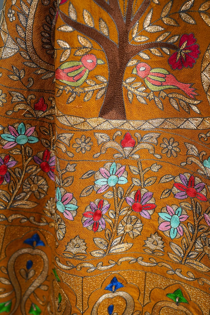 Mustard Handwoven Kalamkari Shawl by DUSALA ACCESSORIES at Pernia's Pop Up Shop