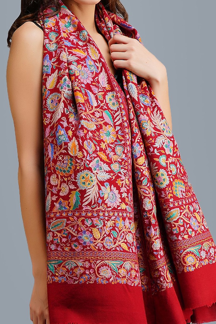 Red Handwoven Kalamkari Shawl by DUSALA  ACCESSORIES at Pernia's Pop Up Shop
