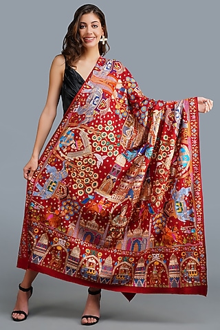 Red Kalamkari Shawl In Pashmina by DUSALA  ACCESSORIES