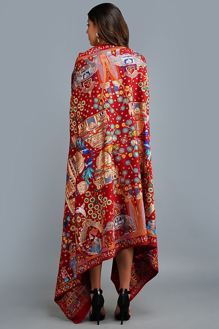 Red Kalamkari Shawl In Pashmina by DUSALA  ACCESSORIES at Pernia's Pop Up Shop