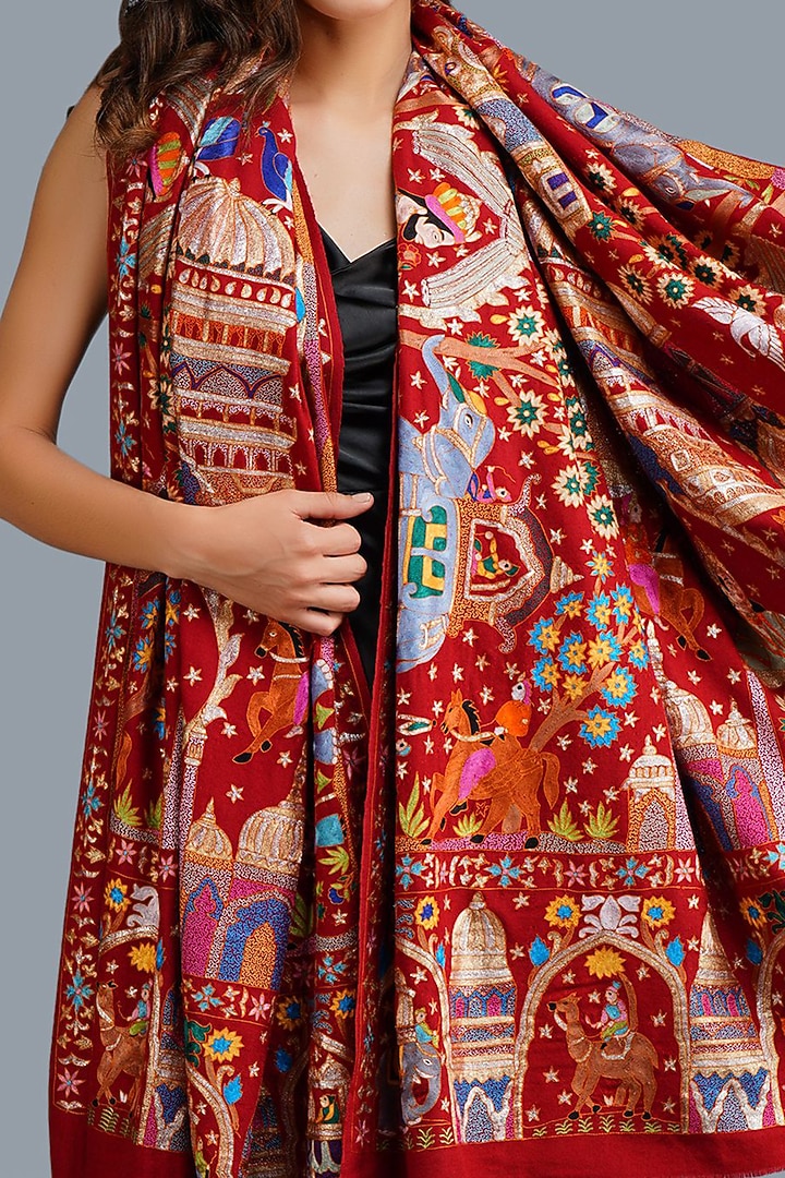 Red Kalamkari Shawl In Pashmina by DUSALA  ACCESSORIES at Pernia's Pop Up Shop